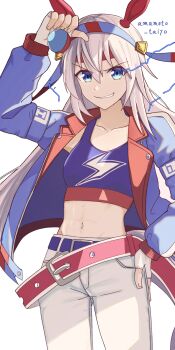 1girl absurdres animal_ears belt blue_eyes blue_hairband blue_jacket blue_sports_bra breasts collarbone crop_top ear_covers ear_ornament fingerless_gloves gloves grey_hair grey_tail grin hair_between_eyes hairband headband highres horse_ears horse_girl horse_tail jacket lightning_bolt_print lightning_bolt_symbol long_hair long_sleeves looking_at_viewer midriff navel pants parted_lips red_belt red_headband smile solo sports_bra striped_clothes striped_hairband tail taishou_(yzkt3453) tamamo_cross_(umamusume) tamamo_cross_(with_lightning_speed)_(umamusume) umamusume very_long_hair white_pants