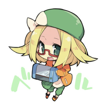 10s 1girl bag beret bianca_(pokemon) blonde_hair case character_name chibi female_focus glasses green_eyes hat hat_ribbon jacket nakamura_sandayo nintendo pokemon pokemon_bw2 ribbon semi-rimless_eyewear shoulder_bag smile solo