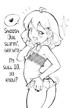 1girl :d abe&#039;s_drawings age_mention ahoge ass black_nail_polish black_nails blush bracelet cowboy_shot earrings english_text female_focus flat_chest hair_ornament hairclip heart highres jewelry loli looking_at_viewer mesugaki micro_shorts midriff monochrome nail_polish naughty_face open_mouth original panties panty_peek revealing_clothes short_shorts shorts simple_background smile smug solo spoken_heart standing strap_pull talking thick_thighs thighs thong underwear white_background