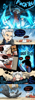 3boys absurdres blouse comic crack cracked_wall dante_(devil_may_cry) devil_may_cry_(series) devil_may_cry_5 devil_trigger english_text facial_hair father_and_son flashback glowing highres holding holding_sword holding_weapon justine_(justmbe) lying male_focus middle_finger multiple_boys nero_(devil_may_cry) on_side red_shirt shirt speech_bubble spoilers stubble sword tagme vergil_(devil_may_cry) weapon