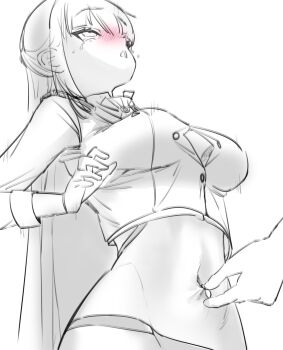 1girl :o ascot blush breasts cropped_jacket gloves goddess_of_victory:_nikke greyscale highres long_hair marciana_(nikke) medium_breasts monochrome navel navel_insertion navel_piercing navel_poking nyaongyao open_mouth pants piercing piercing_pull pulling simple_background sketch solo tearing_up tight_clothes tight_pants white_background