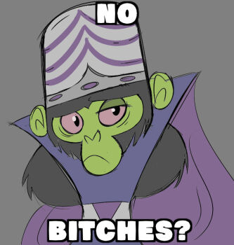 1boy arms_behind_back belt black_fur blue_eyes blue_tunic cape chimpanzee colored_sclera colored_skin english_text facing_viewer frown green_skin grey_background helmet irken-pony1117 looking_at_viewer male_focus meme mojo_jojo no_bitches?_(meme) powerpuff_girls purple_cape raised_eyebrow red_sclera sleeveless solo tunic upper_body white_belt