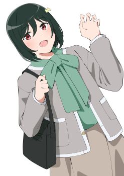 1girl absurdres bag black_bag bow bowtie brown_skirt cardigan casual claw_pose commentary cowboy_shot green_bow green_bowtie green_hair grey_cardigan hair_bow highres holding_strap looking_at_viewer love_live! love_live!_nijigasaki_high_school_idol_club love_live!_nijigasaki_high_school_idol_club_the_movie_-_finale mifune_shioriko official_alternate_costume open_cardigan open_clothes short_hair shoulder_bag simple_background skirt solo standing uchuu_no_mozuku white_background yellow_bow