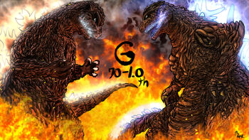 anniversary claws dinosaur dual_persona fire giant giant_monster glowing glowing_mouth glowing_spikes godzilla godzilla_(1954_movie) godzilla_(series) godzilla_minus_one japanese_text kaiju monster no_humans sharp_teeth spikes tail teeth toho yanagi_zaki