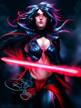 1girl armor black_hair borrowed_character breasts cape center_opening cleavage commentary crossover energy_sword female_focus happy_birthday highres lightsaber lipstick long_hair makeup midriff multicolored_hair navel nose pauldrons pepper_project purple_lips shoulder_armor sith solo star_wars sword the_art_mage weapon
