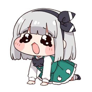 1girl all_fours black_bow black_bowtie black_eyes black_hairband black_shoes blunt_bangs blush bow bow_hairband bowtie chibi chibi_only collared_shirt commentary_request crying crying_with_eyes_open frilled_skirt frills full_body green_skirt green_vest grey_hair hairband hitodama_print konpaku_youmu long_sleeves looking_at_viewer medium_hair meme open_mouth pleated_skirt shirt shoes sidelocks simple_background skirt socks solo speakiposting_(meme) tears touhou vest white_background white_shirt white_socks yamada_sakura