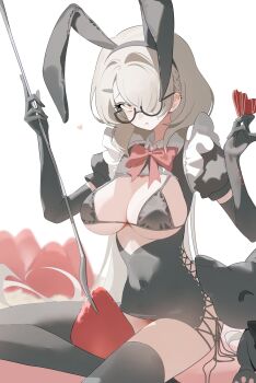 1girl :&lt; animal_ears bikini black-framed_eyewear black_bikini black_dress black_gloves black_thighhighs bow bowtie breast_cutout breasts candy chocolate chocolate_heart cleavage closed_mouth commission covered_navel dress elbow_gloves fake_animal_ears food fork fruit glasses gloves grey_hair hair_ornament hair_over_one_eye hairclip heart heart-shaped_food highres holding holding_food large_breasts long_hair looking_at_viewer oh_(aung_ae) original oversized_object puffy_short_sleeves puffy_sleeves short_sleeves solo strawberry stuffed_animal stuffed_cat stuffed_toy swimsuit thighhighs very_long_hair