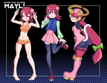1girl bikini black_bodysuit black_thighhighs blue_vest bodysuit brown_hair character_name cosplay double_v dress green_shirt highres koshianpancake long_hair mayl_sakurai_(mega_man) medium_hair mega_man_(series) mega_man_battle_network_(series) multiple_views orange_bikini pink_dress pink_skirt red_hair roll.exe_(mega_man) roll.exe_(mega_man)_(cosplay) shirt skirt swimsuit thighhighs v vest