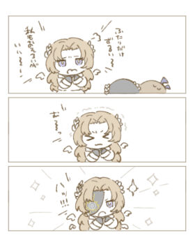 Rule 34 | > <, 1girl, 2boys, 3koma, absurdres, aedd (e.g.o), alternate costume, angel, angel wings, black hair, black sweater, blue eyes, blue horns, border, brown hair, chibi, chibi only, coat, comic, crown, detached wings, e.g.o (project moon), emphasis lines, eye print, eyepatch, fang, feathered wings, female focus, formal clothes, four wings, from side, gloves, gregor (project moon), hair intakes, hair ornament, highres, horns, lapels, laurel crown, laurels, lily26983455, limbus company, long hair, long sleeves, looking at another, meursault (project moon), mini wings, multiple boys, multiple views, multiple wings, official alternate costume, one eye covered, open mouth, parted bangs, partially colored, project moon, pursuance (e.g.o), rodion (project moon), short hair, simple background, skin fang, sparkle, sweatdrop, sweater, transformation, translation request, upper body, v-shaped eyebrows, very long hair, wavy mouth, white background, white coat, white wings, wings