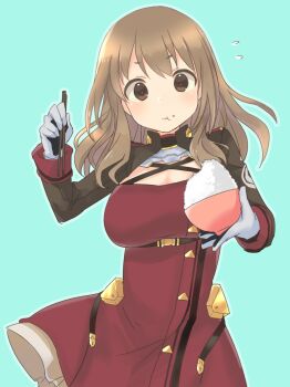 Rule 34 | 1girl, :t, alice gear aegis, aqua background, blush, bowl, breasts, brown eyes, brown hair, chopsticks, commentary, dress, flying sweatdrops, food, food on face, gloves, highres, holding, holding bowl, holding chopsticks, kyuuri (miyako), large breasts, long hair, long sleeves, looking at viewer, ohzeki koyui, red dress, rice, rice bowl, rice on face, simple background, solo, white gloves