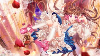1girl :o bow brooch brown_hair button_up chair curtains falling frilled_bow frilled_shirt_collar frilled_skirt frilled_sleeves frills game_cg goldia_die_heilige hair_bow jewelry kirame_kirai legs multiple_hair_bows non-web_source official_art petals pink_eyes pink_shoes pocket_mirror rose_petals shoes skirt suspender_skirt suspenders window