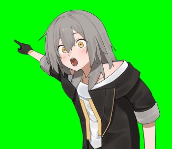 Rule 34 | 1girl, black gloves, black jacket, flasso, gloves, green background, green screen, highres, honkai: star rail, honkai (series), jacket, open mouth, pointing, shirt, simple background, solo, stelle (honkai: star rail), trailblazer (honkai: star rail), white shirt