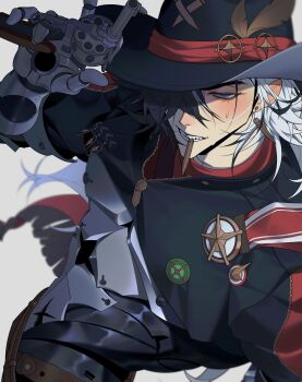 1boy abs absurdres black_hair black_hat black_jacket boothill_(honkai:_star_rail) bullet bullet_earrings bullet_in_mouth cowboy cowboy_hat cyborg earrings from_above grey_background gun hair_over_one_eye hat highres holding holding_gun holding_weapon honkai:_star_rail honkai_(series) jacket jewelry kynlv long_hair looking_at_viewer male_focus mechanical_hands multicolored_hair muscular muscular_male sharp_teeth sheriff_badge simple_background solo teeth two-tone_hair weapon western white_hair zipper