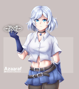 Rule 34 | 1girl, alternate costume, alternate hair length, alternate hairstyle, aqua eyes, artist name, azaaraf, belt, blue gem, blue gloves, blue skirt, choker, closed mouth, commentary, cowboy shot, elbow gloves, english commentary, eyelashes, gem, gloves, grey background, grey belt, grey choker, grey pantyhose, highres, instagram logo, instagram username, midriff, multiple belts, navel, pantyhose, rwby, scar, scar across eye, scar on face, shirt, short hair, simple background, skirt, solo, twitter logo, twitter username, weiss schnee, white hair, white shirt