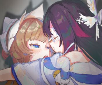 2girls bare_shoulders blue_eyes blush brown_hair closed_eyes columbina_(genshin_impact) commentary dress genshin_impact hashtag-only_commentary highres mituku2489291 multiple_girls open_mouth purple_hair sandrone_(genshin_impact) smile white_dress white_headdress yuri