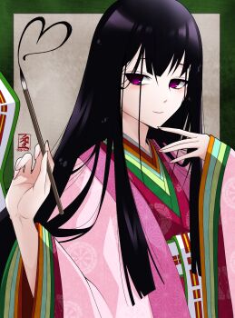 1girl black_hair breasts calligraphy_brush fate/grand_order fate_(series) heart highres japanese_clothes kimono layered_kimono long_hair long_sleeves looking_at_viewer medium_breasts murasaki_shikibu_(fate) murasaki_shikibu_(third_ascension)_(fate) paintbrush pink_kimono purple_eyes red_kimono sash smile solo very_long_hair wagu_neru wide_sleeves