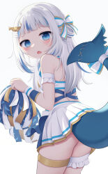 Rule 34 | 1girl, absurdres, arm garter, ass, bare shoulders, blue eyes, blue hair, blush, bow, bridal garter, character hair ornament, check commentary, cheerleader, commentary request, cowboy shot, criss-cross back-straps, ebi-chan (gawr gura), fang, fins, fish tail, from side, gawr gura, grey hair, hair bow, hair ornament, hair ribbon, halter shirt, halterneck, highres, holding, holding pom poms, hololive, hololive english, lifted by tail, long hair, looking at viewer, miniskirt, multicolored hair, open mouth, pleated skirt, pom pom (cheerleading), pom poms, ribbon, shark tail, shirt, shrimp hair ornament, simple background, skin fang, skirt, snmdx, solo, streaked hair, tail, thighlet, virtual youtuber, white background, white shirt, white skirt