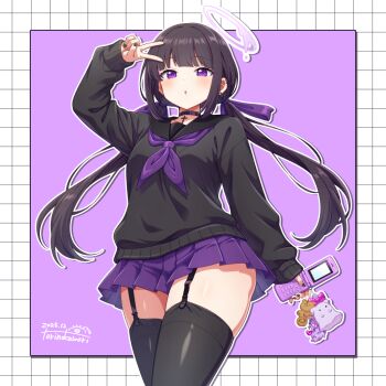 1girl black_choker black_garter_straps black_hair black_sailor_collar black_shirt black_thighhighs cellphone choker commentary_request flip_phone garter_straps holding holding_phone long_hair looking_at_viewer neckerchief original phone purple_eyes purple_neckerchief purple_skirt sailor_collar shirt skirt solo thighhighs torinokawori twintails v zettai_ryouiki