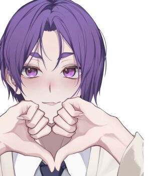 blue_lock blush commentary heart heart_hands looking_to_the_side mikage_reo necktie purple_eyes purple_hair saksan_1336 shirt short_hair smile symbol-only_commentary white_background white_shirt
