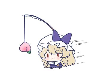 1girl blonde_hair carrot_on_stick chibi commentary english_commentary fishing_rod food fruit hat hat_ribbon long_hair mob_cap no_noru peach purple_ribbon ribbon short_sleeves simple_background solo touhou very_long_hair watatsuki_no_toyohime white_background white_hat