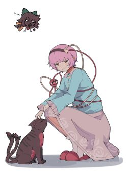 Rule 34 | 1girl, absurdres, black hairband, blue shirt, closed mouth, commentary request, floral print, full body, grimlisp, hairband, heart, highres, kaenbyou rin, kaenbyou rin (cat), kneeling, komeiji satori, long sleeves, looking at viewer, pink eyes, pink skirt, reiuji utsuho, reiuji utsuho (bird), rose print, shirt, simple background, skirt, slippers, third eye, touhou, white background