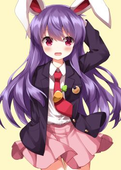 1girl animal_ears arm_up black_jacket blush buttons carrot_pin collared_shirt commentary cowboy_shot highres jacket long_hair long_sleeves miniskirt necktie open_clothes open_jacket open_mouth pink_skirt pleated_skirt purple_hair rabbit_ears rabbit_girl red_eyes red_necktie reisen_udongein_inaba ruu_(tksymkw) shirt simple_background skirt solo touhou white_shirt yellow_background