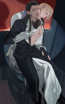 2boys aqua_eyes bindi black_gloves black_hair black_jacket black_pants black_suit blonde_hair brown_eyes coat collared_shirt final_fantasy final_fantasy_vii final_fantasy_vii_remake fingerless_gloves formal_clothes gloves hair_pulled_back highres jacket licking licking_finger long_hair long_sleeves multiple_boys open_clothes open_mouth open_shirt pants parted_bangs parted_lips pectorals rufus_shinra shirt short_hair shou_rou sidelocks sitting sitting_on_lap sitting_on_person square_enix suit suit_jacket tile_floor tiles tseng white_coat white_shirt yaoi