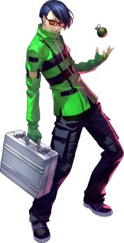 Rule 34 | 1boy, absurdres, black-framed eyewear, black pants, black shoes, blue hair, briefcase, cargo pants, collared jacket, detached sleeves, explosive, fingerless gloves, full body, glasses, gloves, green jacket, grenade, highres, holding, holding briefcase, jacket, male focus, official art, orange-tinted eyewear, pants, persona, persona 3, persona 3 reload, rectangular eyewear, shimada azusa, shirato jin, shoes, short hair, solo, standing, third-party source, tinted eyewear, transparent background, undercut, zipper