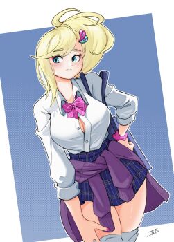 1girl alternate_costume bag blonde_hair blue_background blue_eyes blue_skirt blush border bow bowtie breasts button_gap cleavage closed_mouth clothes_around_waist collared_shirt cowboy_shot dress_shirt frown gyaru hair_ornament hand_on_own_hip hand_on_own_thigh heart heart_hair_ornament highres kogal large_breasts long_hair long_sleeves loose_bowtie miarin141 minerva_(re:zero) miniskirt nail_polish outline partially_unbuttoned pink_bow pink_bowtie pink_scrunchie plaid_clothes plaid_skirt pleated_skirt ponytail re:zero_kara_hajimeru_isekai_seikatsu school_bag school_uniform scrunchie shirt shirt_tucked_in shoulder_bag side_ponytail signature skirt sleeves_rolled_up solo striped_clothes sweater sweater_around_waist swept_bangs thighhighs white_border white_shirt white_thighhighs wrist_scrunchie zettai_ryouiki