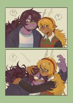 !? 2girls anger_vein antlers bandaid bandaid_on_face bandaid_on_nose black_eyes blush cherriinie deer_antlers deer_girl deltarune furry furry_female hairband horns jacket low_ponytail multiple_girls noelle_holiday ponytail purple_jacket red_hairband reptile_girl sharp_teeth shirt spiked_hair_ornament susie_(deltarune) teeth utdr_(toby_fox) white_shirt yuri