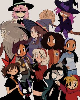 6+girls absurdres alexandra_fielding animal animal_ears black_cat black_dress black_eyes black_hair black_skirt black_thighhighs blonde_hair blue_hair bob_cut bow broom broom_riding brown_eyes brown_hair camryn_barnes cat claire_d&#039;lune collared_dress crescent crossover curly_hair dark-skinned_female dark_skin dress earrings edalyn_clawthorne enid_(ok_k.o.!) facial_mark fangs flying freckles furry furry_female grey_background grey_eyes grey_hair hair_bow hands_on_own_hips hat headband highres holding holding_animal holding_cat hoop_earrings jacket jewelry jiji_(majo_no_takkyuubin) kagari_atsuko kiki_(majo_no_takkyuubin) letterman_jacket little_witch_academia long_hair looking_at_viewer luna_nova_school_uniform luz_noceda majo_no_takkyuubin medium_hair multiple_crossover multiple_girls necklace pale_skin pantyhose pentagram pink_hair pointy_ears purple_hair red_bow red_eyes red_headband red_hood red_jacket red_sweater revauri sabrina_spellman school_uniform short_hair shorts siblings simple_background skirt star_(symbol) summer_camp_island sun_symbol susie_mccallister sweater the_owl_house the_summoning thighhighs trait_connection turtleneck turtleneck_sweater twins twitches very_long_hair wendy_the_good_little_witch white_hair witch witch_hat
