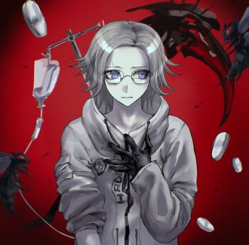1boy aotsuki_eito commentary glasses gloves grey_hair hand_on_own_chest hashtag-only_commentary highres intravenous_drip iv_stand jacket looking_to_the_side male_focus nonamesiamese parted_lips pill purple_eyes red_background red_eyes scythe short_hair sleeve_pouch sleeve_rolled_up solo sweatdrop the_hundred_line_-last_defense_academy- upper_body wasp weapon white_jacket