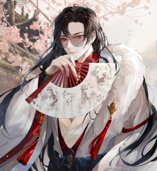 1boy absurdres architecture are_you_ok bishounen black_eyes black_hair black_sash braid branch cherry_blossoms chinese_clothes chinese_commentary closed_mouth earrings east_asian_architecture eyewear_strap flower folding_fan fur-trimmed_robe fur_trim hand_fan hand_up hanfu highres holding holding_fan jewelry long_hair long_sleeves looking_at_viewer male_focus nidexintu paper_fan pink_flower robe sash side_braid single_braid smile solo sunglasses tassel tinted_eyewear tree upper_body white_hanfu wide_sleeves
