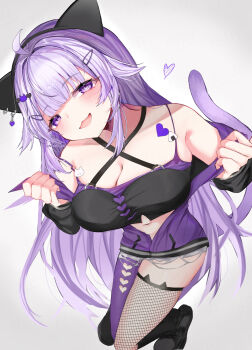 1girl absurdres ahoge alternate_hair_length_(longer) animal_ear_fluff animal_ears black_jacket blush breasts cat_ears cat_girl cat_tail cleavage collarbone commentary_request crop_top grey_background hair_ornament highres hololive jacket large_breasts long_hair long_sleeves looking_at_viewer nekomata_okayu nekomata_okayu_(gyaru) official_alternate_costume official_alternate_hairstyle open_mouth pantyhose purple_eyes purple_hair purple_jacket purple_pantyhose sakurada_327 short_shorts shorts simple_background single_thighhigh solo tail thighhighs torn_clothes torn_shorts two-sided_fabric two-sided_jacket very_long_hair virtual_youtuber white_shorts
