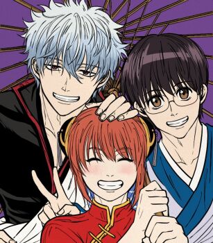 Rule 34 | 1girl, 2boys, black shirt, brown eyes, brown hair, bun cover, china dress, chinese clothes, closed eyes, commentary request, double bun, dress, gintama, glasses, grey hair, grin, hair between eyes, hair bun, hand on another's head, holding, holding umbrella, japanese clothes, kagura (gintama), kimono, korean commentary, looking at viewer, multiple boys, oil-paper umbrella, orange hair, pkkjn8, popped collar, purple background, purple umbrella, red dress, red eyes, sakata gintoki, shimura shinpachi, shirt, short hair, smile, teeth, umbrella, v, white hair, white kimono