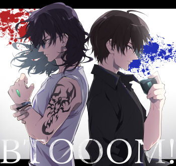 2boys absurdres black_shirt bracelet btooom! closed_mouth collared_shirt commentary_request copyright_name earrings from_side highres holding jewelry male_focus multiple_boys multiple_bracelets nekoma_hikaru nobutaka_oda sakamoto_ryouta scorpion_tattoo shirt short_hair shoulder_tattoo sparse_stubble splatter sunglasses tattoo white_shirt