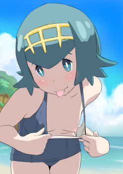 1girl bare_arms bare_shoulders bent_over blue_eyes blue_hair blue_sky breasts closed_mouth clothes_pull cloud cloudy_sky collarbone cowboy_shot day downblouse female_focus flashing hairband highres lana_(pokemon) li_(lithium0522) light_areolae looking_at_viewer nintendo nipple_slip nipples one-piece_swimsuit one-piece_swimsuit_pull outdoors pokemon pokemon_(anime) pokemon_sm pokemon_sm_(anime) pulling_own_clothes sky small_breasts solo swimsuit tongue tongue_out