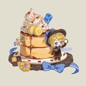 1girl :d artist_name banana banana_slice blonde_hair blue_bow blue_eyes boots bow brown_boots brown_dress brown_gloves brown_hat cake chibi chilizi cookie cream detective dress emma_woods emma_woods_(lady_truth) food fruit full_body gloves grey_background hat hat_bow highres holding holding_magnifying_glass identity_v magnifying_glass official_alternate_costume open_mouth oversized_food oversized_object sample_watermark short_hair smile solo standing watermark