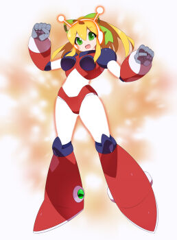 absurdres antennae armor armored_boots armored_gloves arms_up bikini_armor blonde_hair blue_eyes blurry blurry_background boots breasts glowing green_ribbon hair_ribbon hairband headphones henshin highres hyper_roll_(marvel_vs._capcom) joints kaidou_zx knee_boots knee_pads large_breasts large_variant_set long_hair looking_at_viewer marvel_vs._capcom mechanical_arms mechanical_boots mechanical_legs mega_man_(classic) mega_man_(series) ponytail radio_antenna red_armor ribbon robot robot_girl robot_joints roll_(mega_man) shoulder_armor sidelocks simple_background smile sparks transformation variant_set white_background