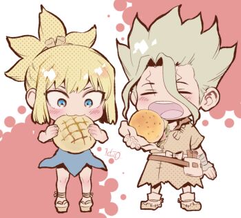 1boy 1girl :3 blonde_hair blue_dress blue_eyes blush bread brother_and_sister burger chibi closed_eyes commentary_request dr._stone dress eating facial_mark food green_hair holding holding_food ishigami_senkuu kohaku_(dr._stone) melon_bread ninomae_gin open_mouth ponytail sandals siblings signature spiked_hair