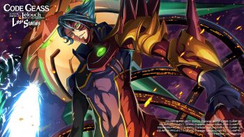 1boy blue_bodysuit blue_hair bodysuit cable cloud code_geass code_geass:_lost_stories commentary_request covered_navel cyborg dutch_angle electricity embers f4samurai firing glowing green_eyes hair_between_eyes happy heterochromia high_collar highres jeremiah_gottwald laser_cannon looking_at_viewer male_focus mecha mechanical_arms motion_blur official_art orange_eyes outdoors parted_lips purple_sky ringed_eyes robot short_hair siegfried_(code_geass) single_mechanical_arm skin_tight sky smile solo spiked_hair teeth toned toned_male upper_body v-shaped_eyebrows