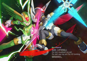 Rule 34 | 2boys, armor, black armor, black helmet, clenched teeth, commentary request, dagger, dual wielding, energy sword, eye trail, facial mark, green armor, green eyes, green helmet, helmet, hidden phantom (mega man), holding, holding dagger, holding knife, holding sword, holding weapon, knife, kunai, light trail, mega man (series), mega man zero (series), midair, multiple boys, ninja, red eyes, red scarf, sage harpuia (mega man), scarf, sword, teeth, weapon, yamanashi taiki