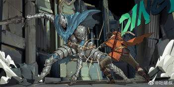 2boys armor artorias_the_abysswalker battle cape commentary company_connection cross dark_souls_(series) dark_souls_i duel faulds fromsoftware full_armor helmet highres holding holding_sword holding_weapon knight male_focus manly multiple_boys ninja ninjatou parrying sekiro sekiro:_shadows_die_twice short_sword size_difference sound_effects sword tooboshoo weapon