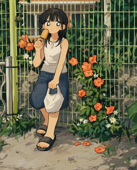 1girl bag bare_arms bare_shoulders black_hair black_sandals blue_shorts closed_mouth day flower food full_body grocery_bag highres holding holding_bag holding_food holding_popsicle long_hair original outdoors popsicle red_flower sandals shirt shopping_bag shorts sihyun25 sleeveless sleeveless_shirt solo standing white_shirt