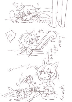 ! 3girls ^^^ arms_up bare_arms bare_shoulders barefoot beer_hsk chibi commentary_request greyscale hair_between_eyes kin'iro_ryotei_(umamusume) kneeling long_hair low_ponytail monochrome multiple_girls nakayama_festa_(umamusume) one-piece_swimsuit open_mouth orfevre_(old_design)_(umamusume) parted_lips partially_submerged ponytail spoken_exclamation_mark standing swimsuit translation_request umamusume very_long_hair water