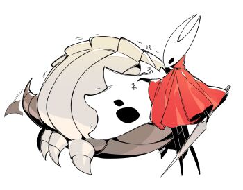 1girl arthropod_girl bamsot bell_beast_(hollow_knight) black_skin cloak colored_skin full_body highres holding holding_needle holding_weapon hollow_eyes hollow_knight hollow_knight:_silksong horned_mask hornet_(hollow_knight) looking_at_another mask needle needle_(hollow_knight) no_humans no_mouth petting red_cloak simple_background standing tail tail_wagging weapon white_background white_mask