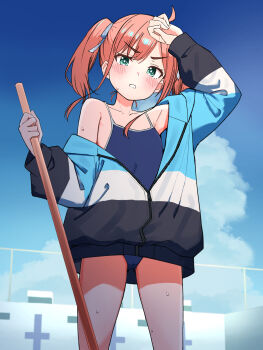 1girl absurdres blue_one-piece_swimsuit blue_sky cleaning_brush cloud commentary_request competition_school_swimsuit cowboy_shot day empty_pool flat_chest gluteal_fold green_eyes hand_on_own_head highres jacket long_hair looking_at_viewer multicolored_jacket one-piece_swimsuit orange_hair original outdoors parted_lips partially_open_jacket pool school_swimsuit sky solo swimsuit urushiushiru