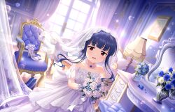 Rule 34 | 1girl, bare shoulders, blue hair, blunt bangs, blush, bouquet, bridal veil, collarbone, dark blue hair, dress, dutch angle, flower, holding, holding bouquet, idolmaster, idolmaster cinderella girls, idolmaster cinderella girls starlight stage, indoors, jewelry, looking at viewer, mirror, necklace, off-shoulder dress, off shoulder, official art, pearl necklace, plant, potted plant, red eyes, sajo yukimi, see-through, see-through sleeves, shoes, sidelocks, smile, solo, unworn shoes, veil, wedding dress, white dress