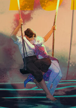 2boys barefoot brown_hair dark-skinned_male dark_skin edward_(sframboob) fish_boy highres hug iridescent male_focus multiple_boys on_swing original oskar_(sframboob) robe scales sframboob short_hair siren_(mythology) sitting swing unconventional_mermaid yaoi