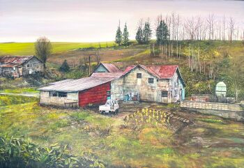 bare_tree barrel corrugated_galvanized_iron_sheet door farm grass highres hill house kei_truck latex_cult motor_vehicle no_humans oil_painting_(medium) original painting_(medium) path plant road scenery shack stairs traditional_media tree truck utility_pole window